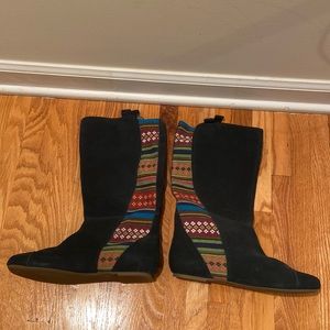 Pink Studio Black & Pattern Leather & Fabric Boots